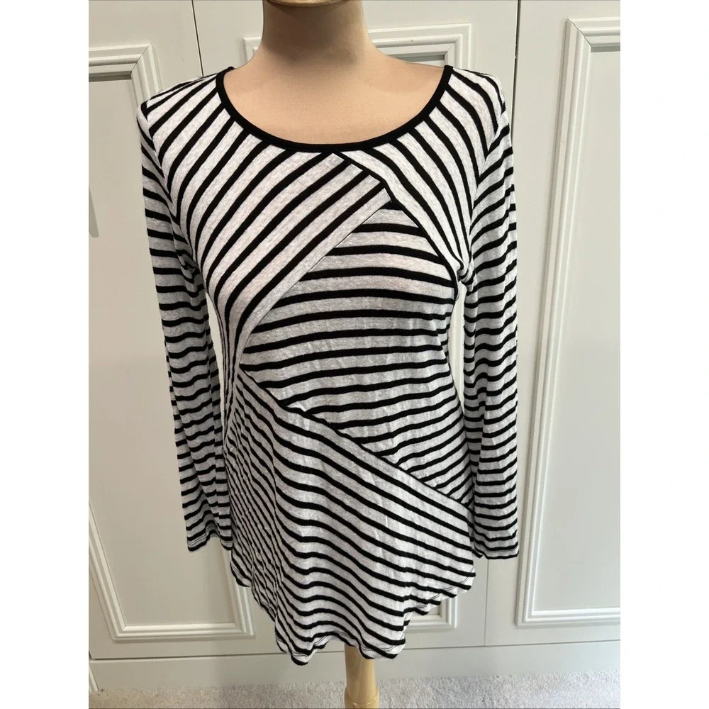 Soft Surroundings Linen Blend Knit Top Size Small Black & White Striped Artsy